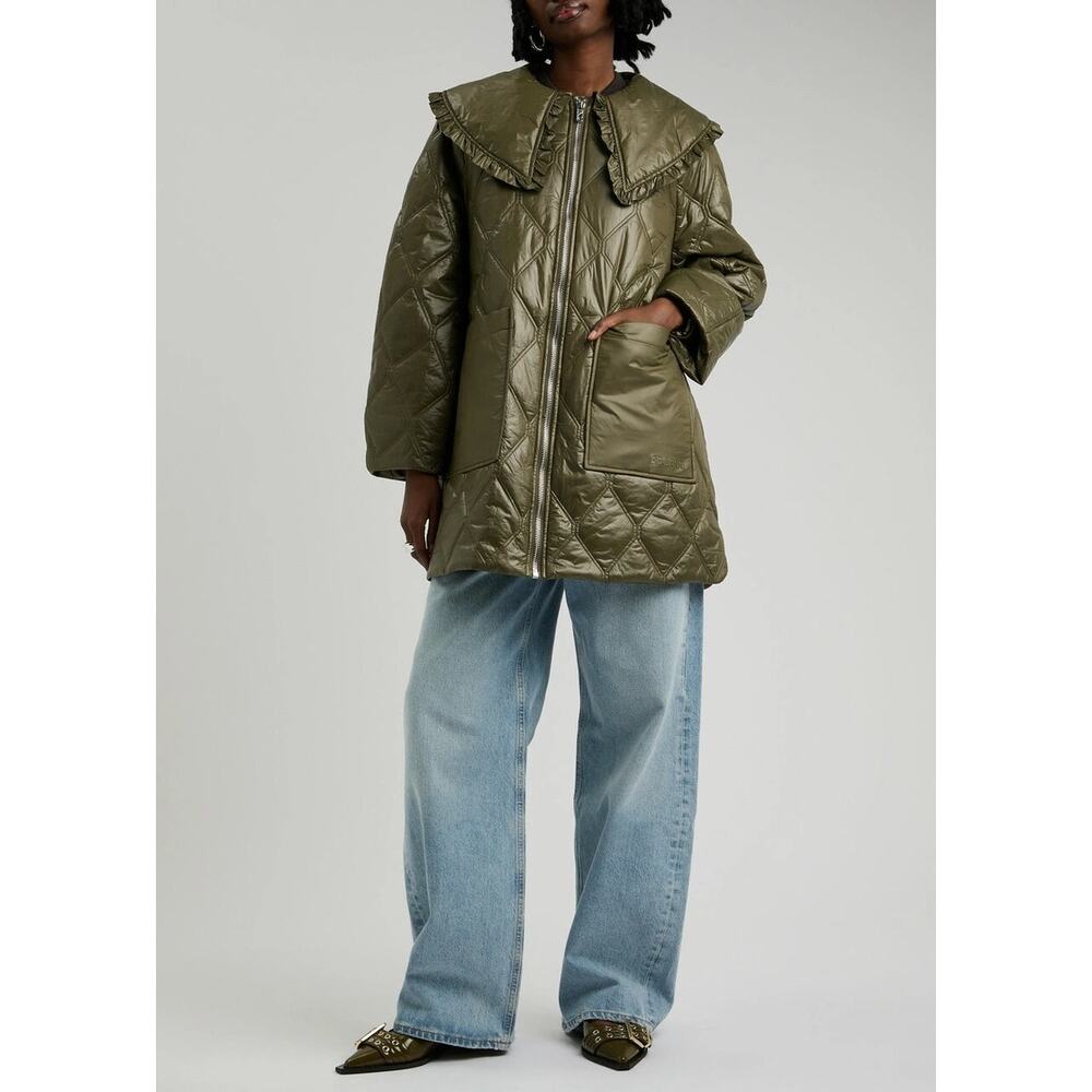 Ganni Oversized Quilted Glossed Nylon Olive green jacket